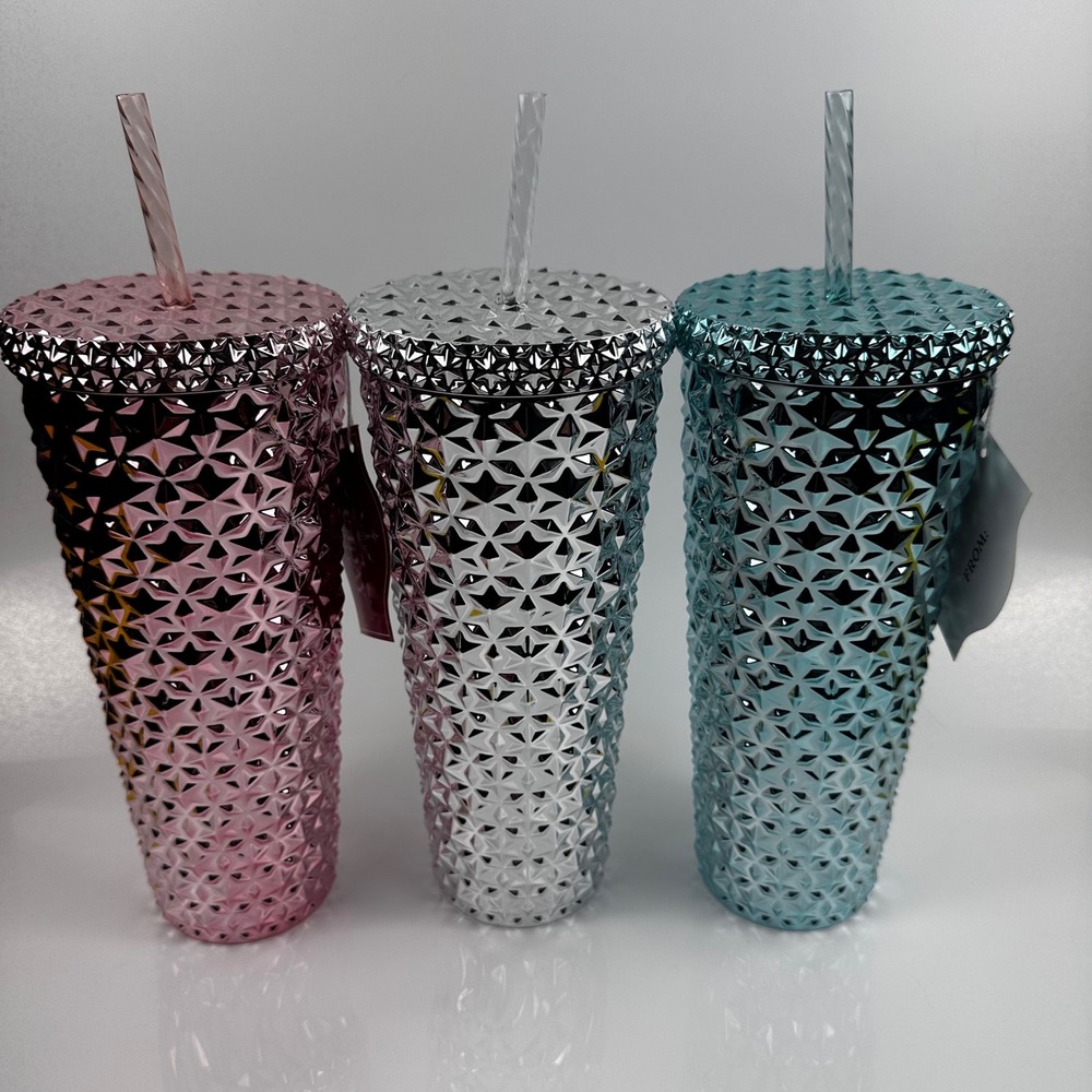 Holiday Time Textured Tumbler Set 3pk 26oz‎ Pink Silver Blue Metallic Studded